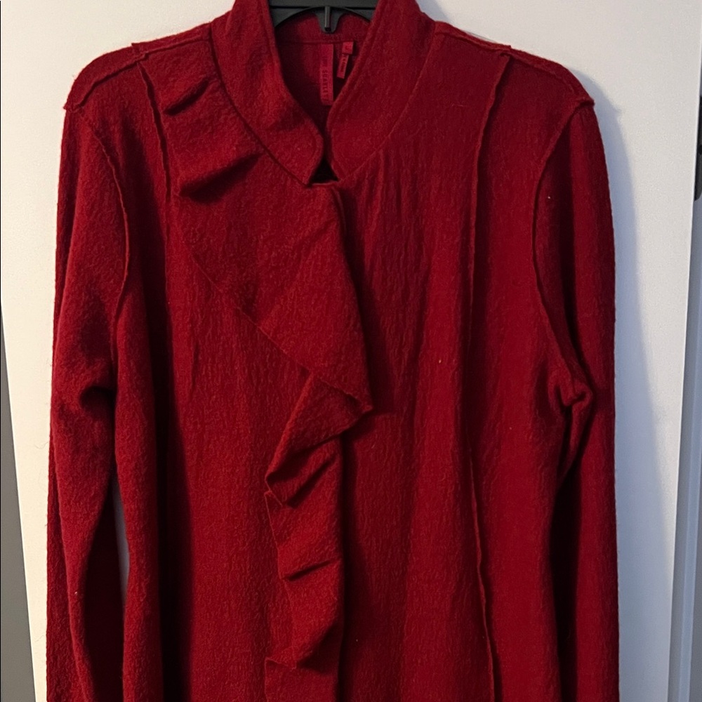 Red Ruffled Long Sleeve Cardigan jacket - Picture 3 of 5